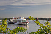 Ausflugsschiff der Schifffahrtslinie Köln-Düsseldorfer auf dem Rhein am Stresemannufer in Mainz, Rheinland-Pfalz, Deutschland, Europa