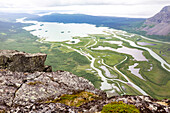View from Skierffe mountain on to Rapadalen/Laidaure Delta, Sarek national park, Laponia, Lappland, Sweden. Trekking on Kungsleden
