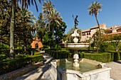 Fountain and palm trees, Jardin Marques de la Vega Inclan, Jardines del Real Alcazar, garden of the royal palace, UNESCO World Heritage, Sevilla, Andalucia, Spain, Europe