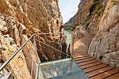 viewing platform on the Caminito del Rey, via ferrata, hiking trail, gorge, Rio Guadalhorce, river, Desfiladero de los Gaitanes, near Ardales, Malaga province, Andalucia, Spain, Europe