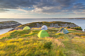 Tents by the Storseisundet by the Atlantic Ocean Road between Molde and Kristiansund, near Vevang, More og Romsdal, Western Norway, Norway, Scandinavia, Northern Europe, Europe