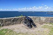 View with cannon from fortress Varberg, Halland, South Sweden, Sweden, Scandinavia, Northern Europe, Europe