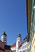 Spitalstrasse with steeples of church St Martin and the city hall, Wangen, West Allgaeu, Allgaeu, Baden-Wuerttemberg, Germany