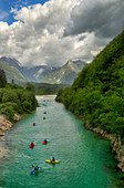 A Group Of Kayaker On Soca River In Bovec, Slovenia