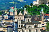 View towards Salzburg Cathedral, Collegiate Church and Fortress Hohensalzburg, Salzburg, Austria, Europe