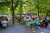 Beer garden at the Chinesischer Turm in the English Garden, Munich, Upper Bavaria,Bavaria, Germany, Europe