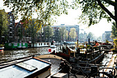 Old and new Houseboats in the Center of Amsterdam, Netherlands, Europe