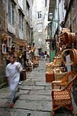 Traditional wicker baskets in Rua Cesteiros. Downtown Vigo, Galicia, Spain