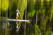 A Man Paddleboarding On Long Pond Near The Greenville, Maine