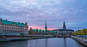 Copenhagen, Hovedstaden, Denmark, Northern Europe,  The Platz of the Christiansborg Palace, venue of the Danish Parliament Folketinget, the Supreme Court, and the Ministry of State after the sunset