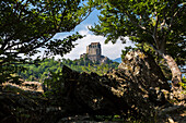 Blick auf das Kloster Sacra di San Michele, Symbol der Region Piemont, auf dem Berg Pirchiriano, Sant'Ambrogio di Torino, Val di Susa, Torino Bezirk, Piemont, Italien