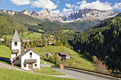 Europe, Italy, South Tyrol, Bolzano,  The little church of Saint Zyprian and Justina in the village of St,  Zyprian,  Tires valley, Dolomites