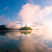 Bled Lake, Slovenia, A magic and unpredicted sunrise over the misty island