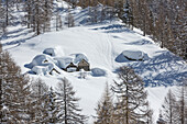 Winteransicht der Alp Solcio, Alp Solcio, Varzo, Verbano Cusio Ossola Provinz, Piemont, Italien, Europa