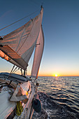 Sailing during the sunrise , Cote d'Azur, Alpes-Maritimes department, Provence-Alpes-Cote d'Azur region, France, Balearic Sea, Mediterranean Sea, Europe