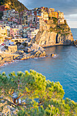 Sunset over the typical colored coastal village of Manarola, Cinque Terre, Italy