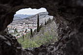 Eastern Europe, Bosnia and Herzegovina, Mostar view from the hole of a bomb of the war in the Balkans