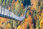 Touristen auf der Hängebrücke namens Highline 179 umrahmt von bunten Wäldern im Herbst Ehrenberg Schloss Reutte Österreich Europa