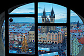 The Church of Our Lady before Tyn photographed from a window of the clock tower, Prague, Czech Republic