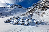 Alpe Lendine village in winter, Valle Spluga, Province of Sondrio, Lombardia, Italy