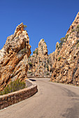 Winding road in the Calanche, west coast between Porto and Piana, West Corsica, Corsica, Southern France, France, Southern Europe, Europe