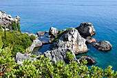 rocky coastline in sunlight, Dhermi, Albanian Riviera, Albania