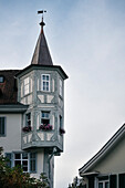 Haus mit Fachwerk Erker in Altstadt von St. Gallen, Kanton St. Gallen, Schweiz, Europa