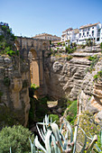 Ansicht von Ronda und Puente Nuevo von Jardines De Cuenca, Ronda, Andalusien, Spanien, Europa