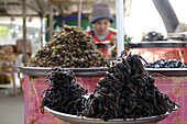 Tarantulas und andere Insekten und Bugs zum Verkauf als Straßenfutter, Kambodscha, Indochina, Südostasien, Asien