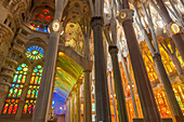 La Sagrada Familia church, basilica interior with stained glass windows by Antoni Gaudi, UNESCO World Heritage Site, Barcelona, Catalonia (Catalunya), Spain, Europe