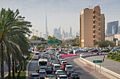 Blick auf Burj Khalifa und Innenstadt von Union Square, Deira, Dubai, Vereinigte Arabische Emirate, Mittlerer Osten
