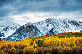 First snowfall on the mountains with falls colors in the foreground