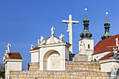 Calvary in front of pilgrimage basilica Unserer Lieben Frau in Frauenkirchen, Burgenland, Eastern Austria, Austria, Europe