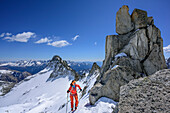 Woman backcountry skiing ascending towards Cima Vedretta Nera, Cima Vedretta Nera, Adamello group, Trentino, Italy