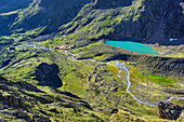 Talboden des Sulzaubachs und Blaue Lacke, von Großer Trögler, Stubaier Alpen, Tirol, Österreich