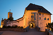Gatehouse and rampart of Wartburg castle at dusk, Eisenach, Thuringia, Germany, Europe