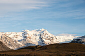 Snowy landscape along pjódvegur road, Sudurland, Iceland, Europe