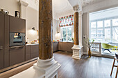 kitchen and living area in a modern furnished Art Nouveau apartment in Hamburg, north Germany, Europe