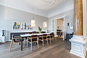 dining table in a modern furnished Art Nouveau apartment in Hamburg, north Germany, Europe