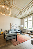 Living room in a modern furnished Art Nouveau apartment in Hamburg, north Germany, Europe