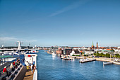 View from ferry boat towards city, Kiel fjord, Kiel, Baltic coast, Schleswig-Holstein, Germany