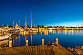 View over Flensburg fjord towards the illuminated city, Flensburg, Baltic coast, Schleswig-Holstein, Germany