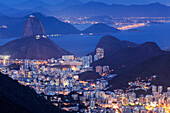 View of the Sugar Loaf and Guanabara Bay at night from Tijuca National Park, Rio de Janeiro, Brazil, South America