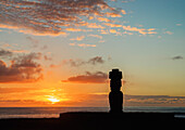 Moai in Ahu Ko Te Riku at sunset, Tahai Archaeological Complex, Rapa Nui National Park, UNESCO World Heritage Site, Easter Island, Chile, South America