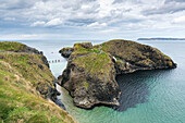 View of the Carrick a Rede Rope Bridge, Ballintoy, Ballycastle, County Antrim, Ulster, Northern Ireland, United Kingdom, Europe