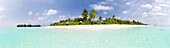 Panoramablick auf die tropische Insel Dhuni Kolhu, Baa Atoll, Malediven, Indischer Ozean, Asien
