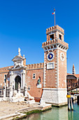 Porta Magna at the Venetian Arsenal (Arsenale di Venezia), a Byzantine shipyard and armoury, Venice, UNESCO World Heritage Site, Veneto, Italy, Europe