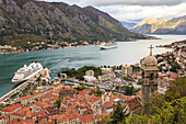 Church of Our Lady of Remedy, old town and cruise ship, St. John's Hill walls, Kotor, UNESCO World Heritage Site, Montenegro, Europe