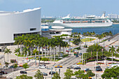 American Airlines Arena in Downtown Miami and cruise ship in Port of Miami, Miami, Florida, United States of America, North America