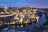 View over Tajo River at Santa Maria Cathedral and Alcazar, UNESCO World Heritage Site, Toledo, Castilla-La Mancha, Spain, Europe